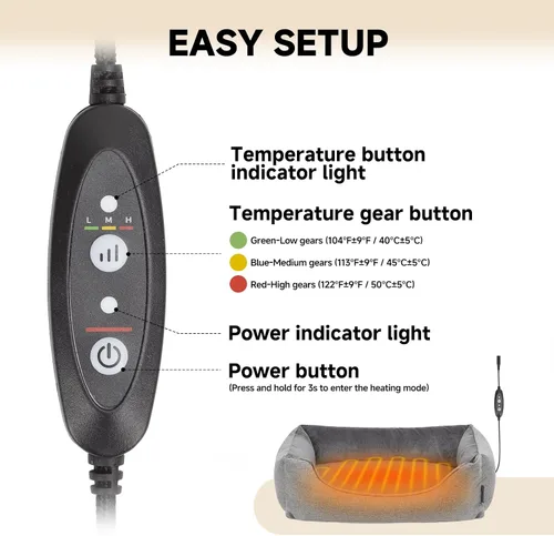 Vista 5 de Cama térmica para perros con almohadilla térmica de detección automática, 3 ajustes de temperatura y cable resistente a las masticaciones