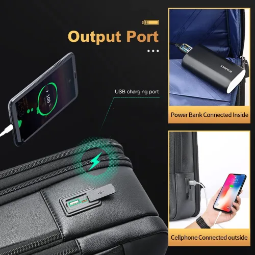 Vista 2 de BOPai Mochila de cuero genuino para hombre, mochila multifunción de 15.6 pulgadas, mochila para laptop de negocios, mochila inteligente de viaje