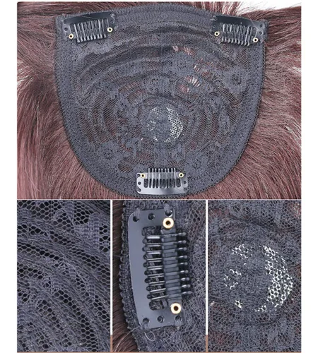 Vista 5 de Peluca de cabello humano con clip y flequillo, peluca para cabello fino para mujer, 8 pulgadas, marrón rojizo