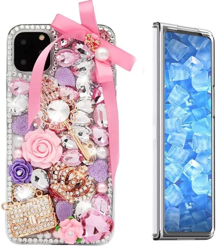 Vista 10 de Sparkle - Funda para teléfono compatible con Samsung Galaxy Z Fold 3 5G, elegante, hecha a mano en 3D, con diamantes de imitación, diseño