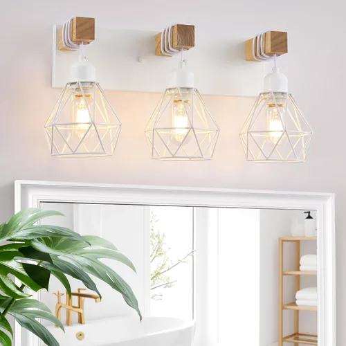 Vista 17 de Lámparas blancas para tocador de baño, luminarias de baño de madera de 2 luces sobre el espejo, apliques rústicos de pared con elegante pantalla