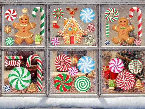 Vista 6 de Adhesivos de ventana de Navidad para vidrio, doble cara, 3D, bastón de caramelo, pan de jengibre, 88 calcomanías de menta para decoración de fiesta