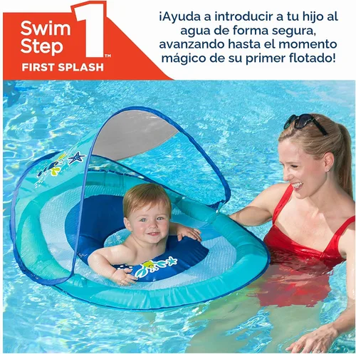 Vista 5 de SwimWays Baby Spring Float with Adjustable Canopy and UPF Sun Protection, Blue Lobster