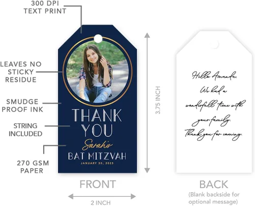 Vista 5 de Andaz Press Paquete de 60 etiquetas personalizadas de Bar/Bat Mitzvah con cuerda, etiquetas clásicas de regalo de agradecimiento Art Deco con foto