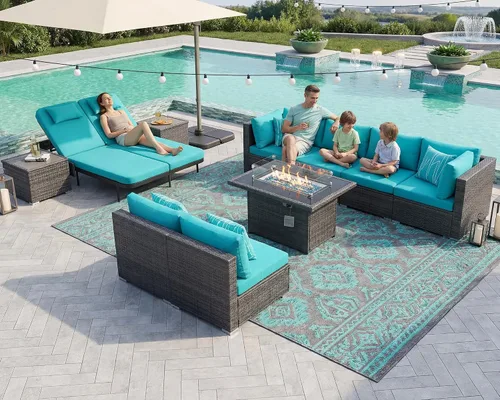 Vista 31 de NICESOUL Juego de muebles de patio de ratán extra grande con mesa para fogata de gas y propano, 29.3 pulgadas, respaldo alto, cómodos conversaciones
