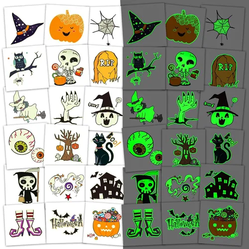 Vista 7 de Ozepao Juego de 10 hojas de calcomanías temporales de tatuaje de Halloween, 88 diseños únicos con calabazas, calaveras, esqueletos, fantasmas