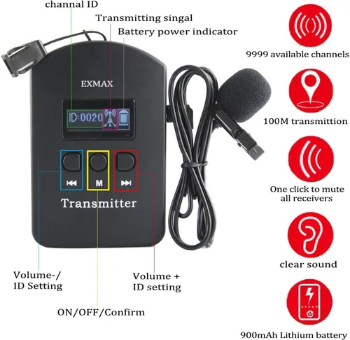 Vista 6 de EXMAX Sistema inalámbrico de guía turístico de audio 2.4G, micrófono susurro, transmisión de voz, traductor de iglesia, dispositivo de intérprete