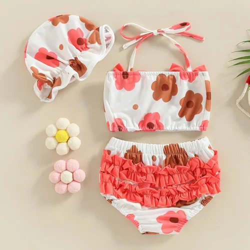 Vista 3 de Traje de baño para niña pequeña, traje de baño para bebé, traje de baño de 3 piezas, traje de playa de verano, pantalones cortos, sombrero
