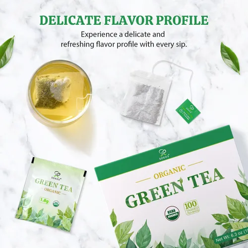 Vista 5 de Soeos Té verde orgánico, 6.3 oz (180 g), 100 bolsas de té, refrescante y fragante, de origen sostenible, ideal para té caliente o helado, frescura