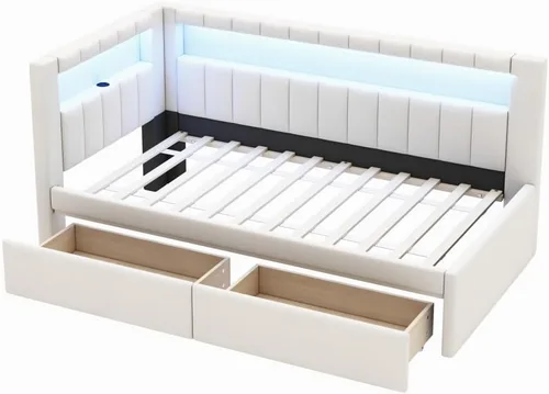 Vista 7 de Sofá cama tapizado de tamaño individual con puertos USB y luces LED, cama esquinera con 2 cajones y cabecera en forma de L, cama esquinera suave