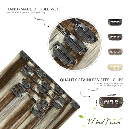 Vista 46 de WindTouch - Extensiones de cabello humano real con clip, color marrón claro a rubio con reflejos #6P613, 22 pulgadas, 4.33 onzas, 7 piezas #6p613