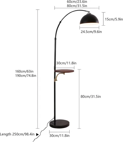 Vista 7 de Lámpara de pie industrial con mesa de madera, moderna lámpara de pie de arco negro para sala de estar, lámpara de poste de pie con base de mármol