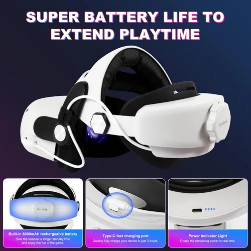 Vista 3 de AMLINK IQ2 Pro Head Strap with 6000mAh Rechargable Battery for OculusMeta Quest 2, Adjustable Elite Strap for Quest 2 Replacement Accessories to