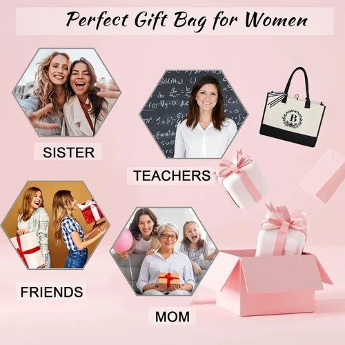Vista 6 de BeeGreen Regalos de Navidad para mujer, bolsa de lona con bolsillo bordado monograma personalizado para amiga, mamá, profesora