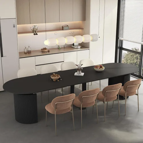 Vista 11 de SSLine Mesa de comedor extensible ovalada para 4 a 10 personas, mesa de cocina expandible de 63 a 94 pulgadas de largo con base de almacenamiento