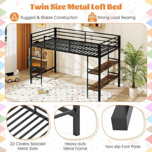 Vista 5 de Giantex Cama baja tipo loft tamaño individual, marco de metal resistente con estantes de almacenamiento, escalera y barandillas de longitud