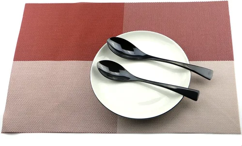 Vista 6 de Juego de cubiertos de acero inoxidable negro pulido con espejo, cuchillo de carne, tenedor, tenedor de ensalada, cuchara de postre, 24 piezas