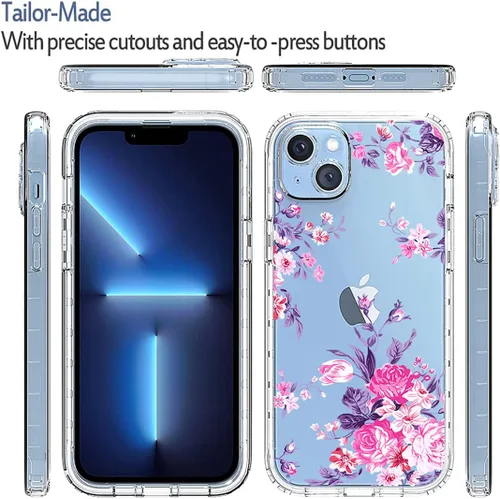 Vista 6 de Funda para iPhone 14 Plus con protector de pantalla de vidrio templado, cuerpo completo transparente floral TPU delgado funda protectora para Apple