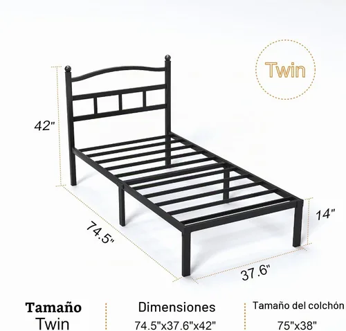 Vista 2 de Snaye Base de cama individual de 14 pulgadas con cabecero, plataforma de metal resistente, base de colchón de tamaño individual con listones