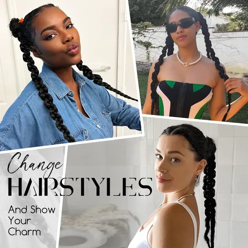 Vista 6 de Dreamlover Extensiones de cabello trenzado, cola de caballo para mujeres negras, color negro, 2 piezas