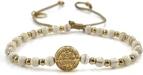 Vista 2 de St Benedict Coin and Natural Round Red Coral Beads Adjustable Bracelet for Women