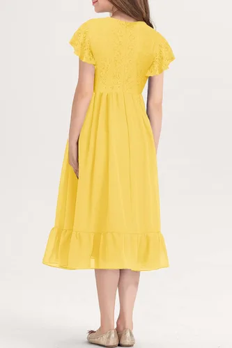 Vista 4 de MITILLY Vestido midi de gasa con volantes y cuello redondo y encaje elegante para niñas