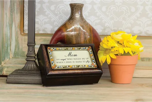 Vista 5 de Cottage Garden Caja de música con texto en inglés "Mom an Angel Hold Me Up", tono tierra ámbar, reproduce el viento debajo de mis alas