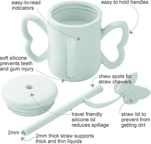 Vista 2 de Dommy Taza de entrenamiento de silicona con tapa de popote para bebés de 6 meses y 12 a 18 meses, taza para beber agua para bebés de 6 meses
