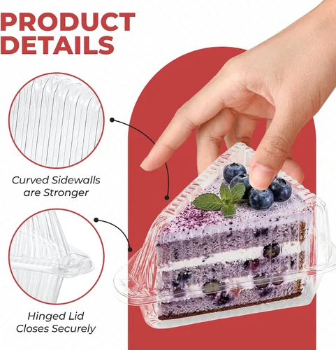 Vista 4 de 25 recipientes para rebanadas de pastel con tapas Recipientes de plástico desechables medianos con bisagras Recipiente transparente para tarta