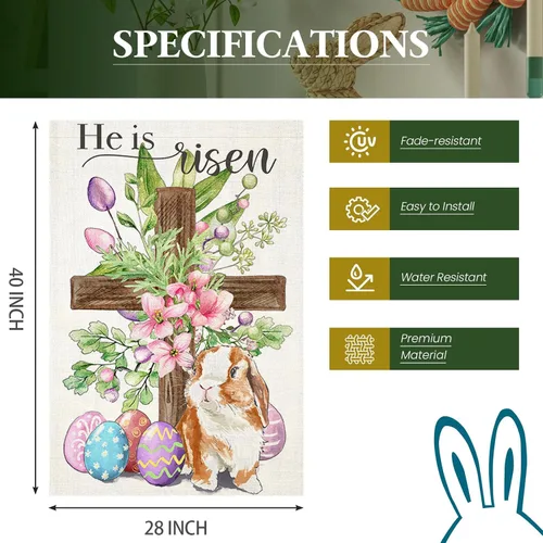 Vista 6 de Bandera de Pascua para exteriores, cruz religiosa con huevos de conejo, flores, banderas de patio para exteriores, bandera decorativa de primavera