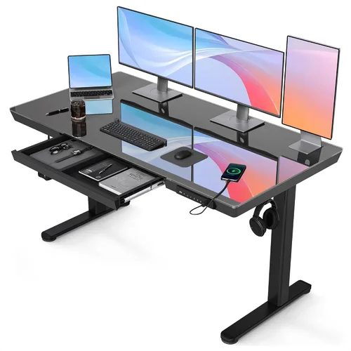 Vista 17 de Claiks Escritorio de pie pequeño de cristal con cajones y puertos USB 32x19 negro