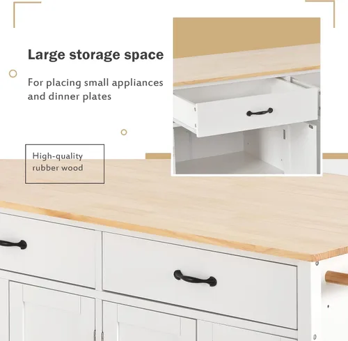 Vista 6 de Isla de cocina con ruedas con escritorio de madera maciza, mesa de isla de cocina con 2 cajones, carrito de isla de cocina con armario