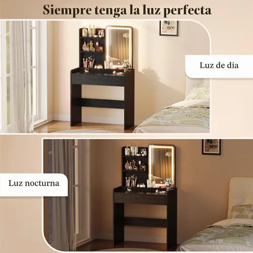 Vista 8 de Memobarco Escritorio de maquillaje pequeño negro con cajón y estantes de almacenamiento