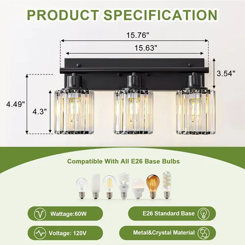 Vista 9 de Luz de tocador, 3 luces de cristal negro moderno para baño con 3 bombillas E26, luces de tocador para baño, dormitorio, sala de estar, pasillo