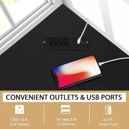 Vista 6 de Tangkula Escritorio esquinero con toma de corriente y puertos USB, escritorio triangular para computadora con estación de carga, estante de Negro