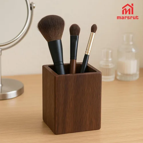 Vista 4 de Portalápices de madera para escritorio, bolígrafo de madera de nogal negro, organizador cuadrado natural, soporte simple para lápices, brochas