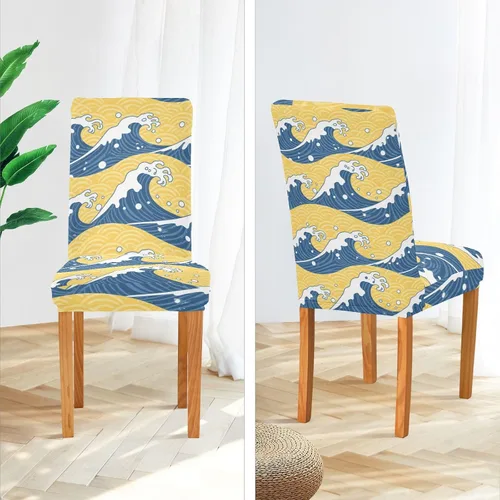 Vista 4 de Blue and Gold Japanese Waves Decorative Chair Slipcovers for Bedroom Washable Club Chair Cover protectores para sillas de comedor 4 Set of 4