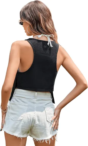 Vista 2 de SweatyRocks Chaqueta de mezclilla corta sin mangas con flecos y frente abierto para mujer