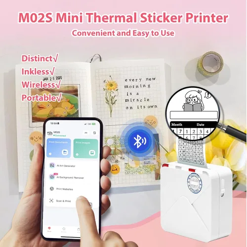 Vista 3 de M02S Mini impresora de etiquetas adhesivas Bluetooth Print Pod 300 DPI, aplicación inteligente de IA, foto, notas, diario