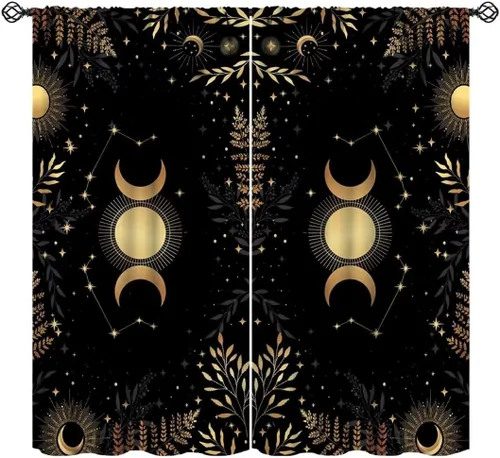 Vista 11 de Cortinas retro de luna, bosque mágico con hojas iluminadas por la luna, cortinas de plantas, diseño gótico floral de cielo estrellado para ventana