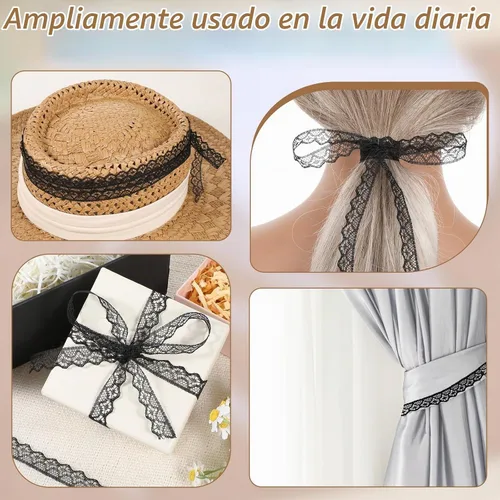 Vista 7 de Rollo de cinta de encaje negro de 30 yardas de 0.6 pulgadas de ancho, tela de flores para decoración de bodas, ramo y embalaje de regalo