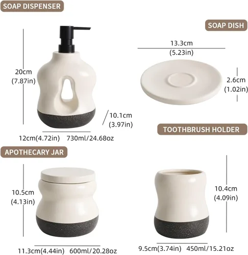 Vista 2 de BosilunLife Juego de 4 accesorios de baño de cerámica, dispensador de jabón Beige con negro.