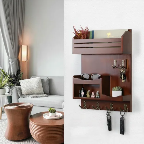 Vista 6 de Soporte para llaves de pared, organizador de correo montado en la pared con 6 ganchos de metal para llaves, estantes para decoración de entrada