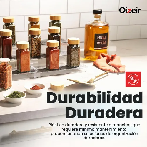 Vista 6 de Oizeir Estante organizador de especias expandible – 3 niveles – Estante transparente ajustable para organización de especias para armario de cocina