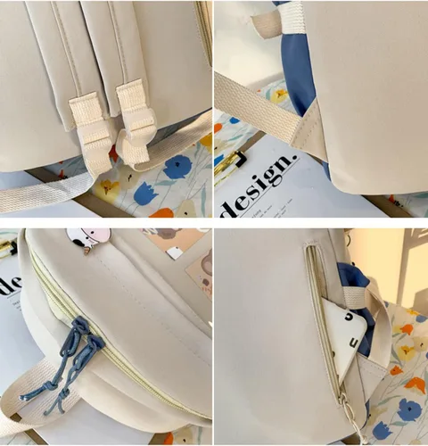 Vista 6 de Bonita mochila con bonitos accesorios de alfiler, colgante de felpa, bonita mochila en colores pastel para escuela, estudiantes, adolescentes