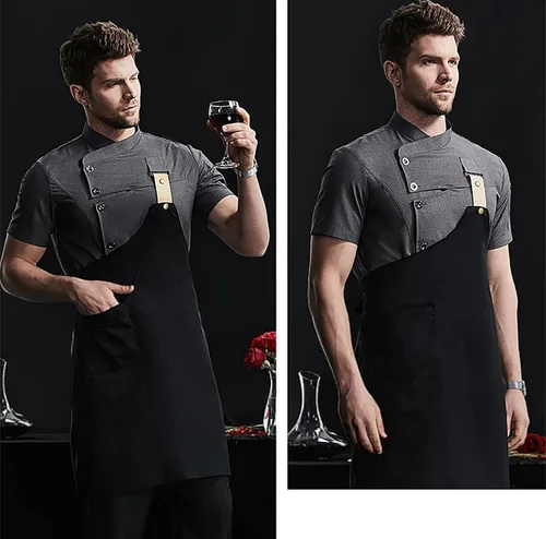 Vista 3 de Chaqueta de chef de moda para hombre, transpirable, con ventilación oculta, uniforme de chef (abrigo + delantal)