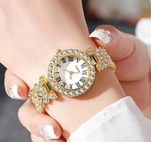 Vista 2 de Señora elegante reloj de cuarzo con esfera pequeña con reloj de pulsera de diamantes conjunto vestido relojes de pulsera Dorado