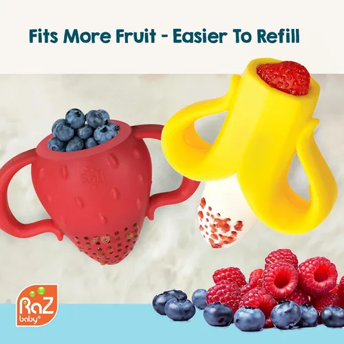Vista 7 de RaZbaby Fruitique - Alimentador de frutas de una pieza para bebé, apertura más grande para rellenar y cabe más fruta fresca/congelada para aliviar