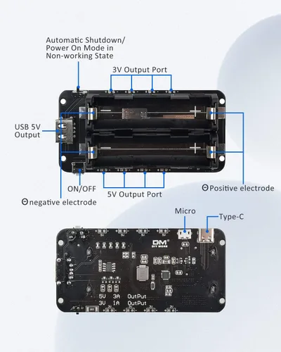 Vista 3 de diymore Soporte de batería 1865O doble Li-ion V8 Escudo de batería Micro USB 5V/3A 3V/1A Power Bank Módulo de carga de batería para Raspberry Pi