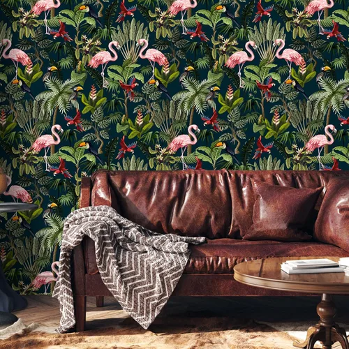 Vista 2 de VEELIKE Papel tapiz autoadhesivo de animales de selva oscura para despegar y pegar, papel tapiz de pájaros exóticos tropicales de 17.7 x 118